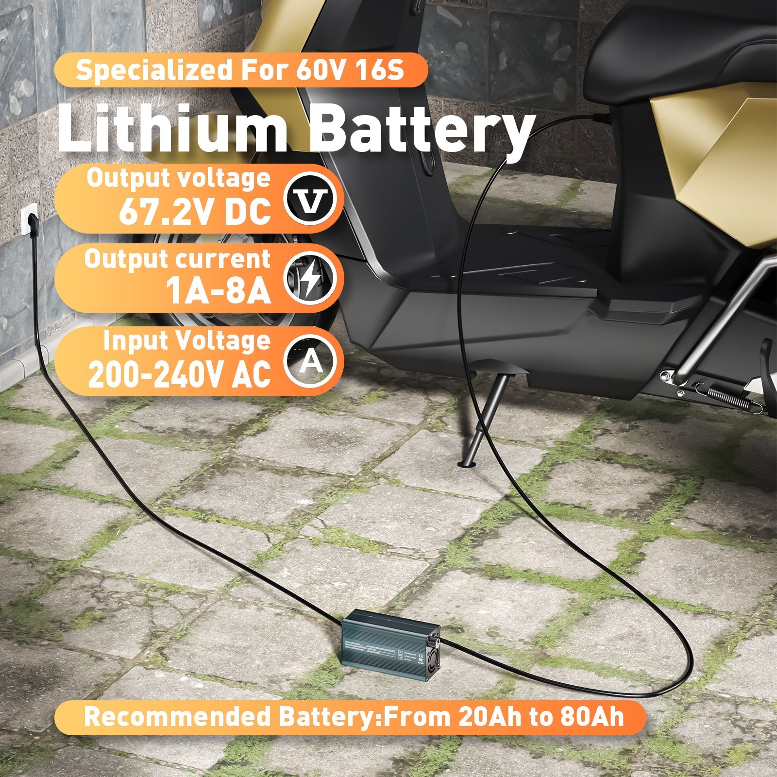 Suraziki 67.2V 1-8A current adjustable lithium battery charger for 16S 59.2V 60V Li-ion / ternary lithium / polymer battery, Ebike Scooter electric motorcycle Battery Charger