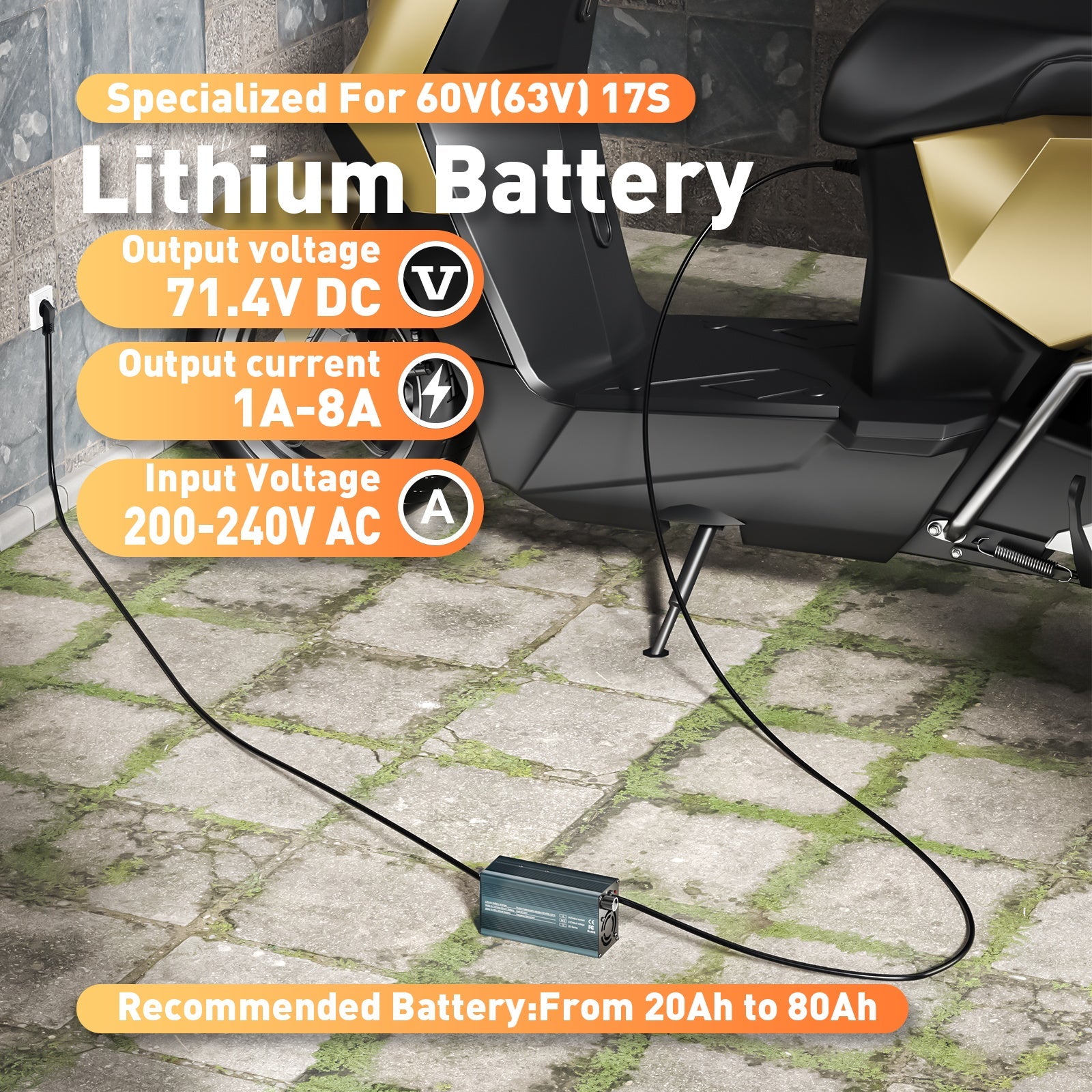 Suraziki 71.4V 1-8A current adjustable lithium battery charger for 17S 62.9V Li-ion / ternary lithium / polymer battery, Ebike Scooter electric motorcycle Battery Charger