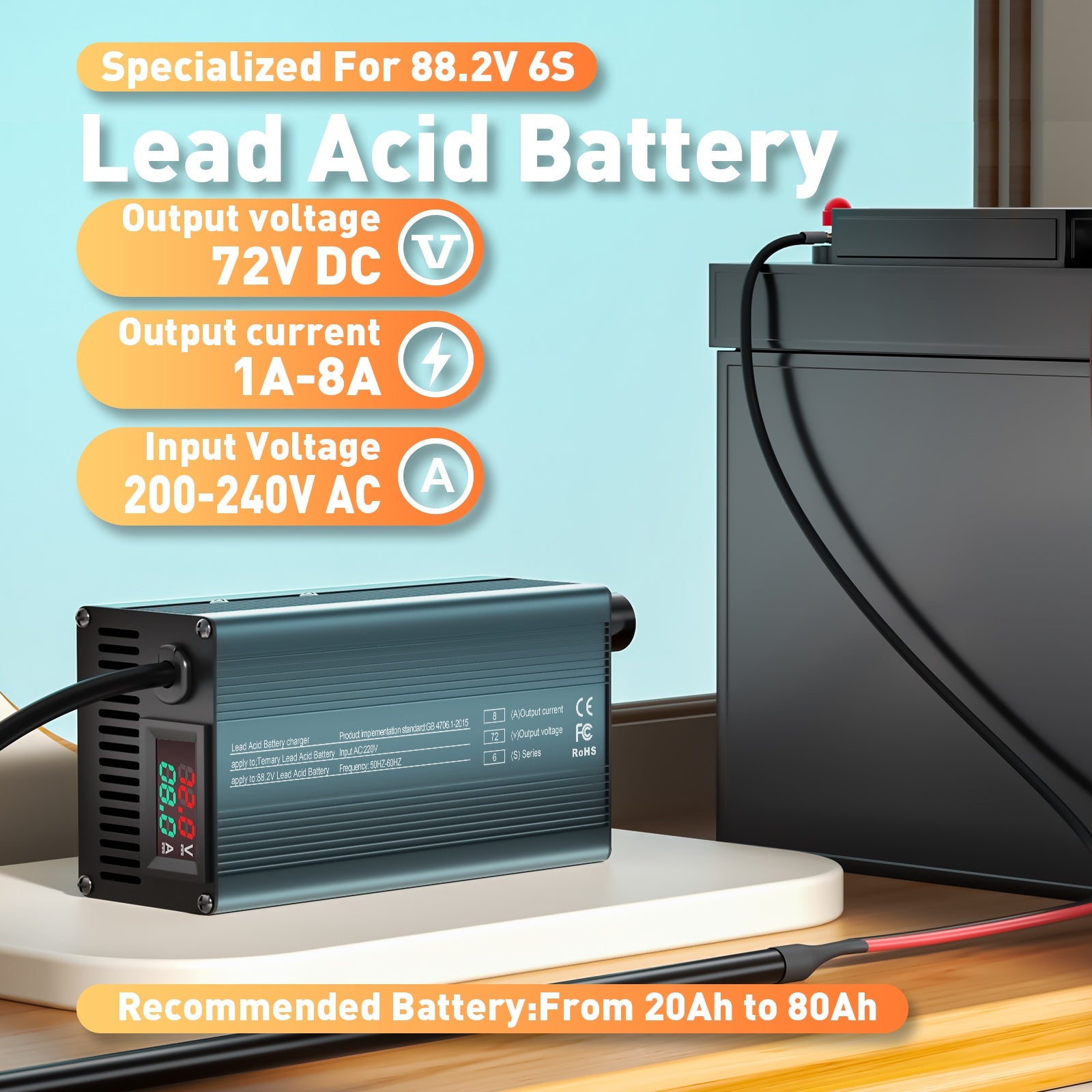 Suraziki 72V 1-8A current adjustable Battery Charger Works with All Lead-Acid Batteries (Flooded, Sealed, AGM, Gel)， LCD Display, Cooling Fans, Aluminum alloy housing