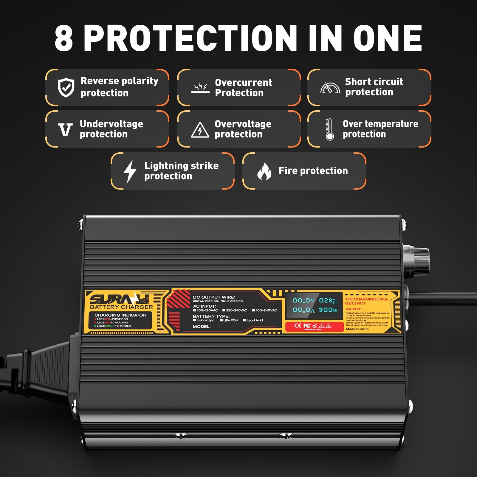 Suraziki LiFePO4 73 V 4 A Batterieladegerät für 60 V/64 V Lithium-Eisenphosphat-Batterien, LED-Anzeige, vollständiger Schutz