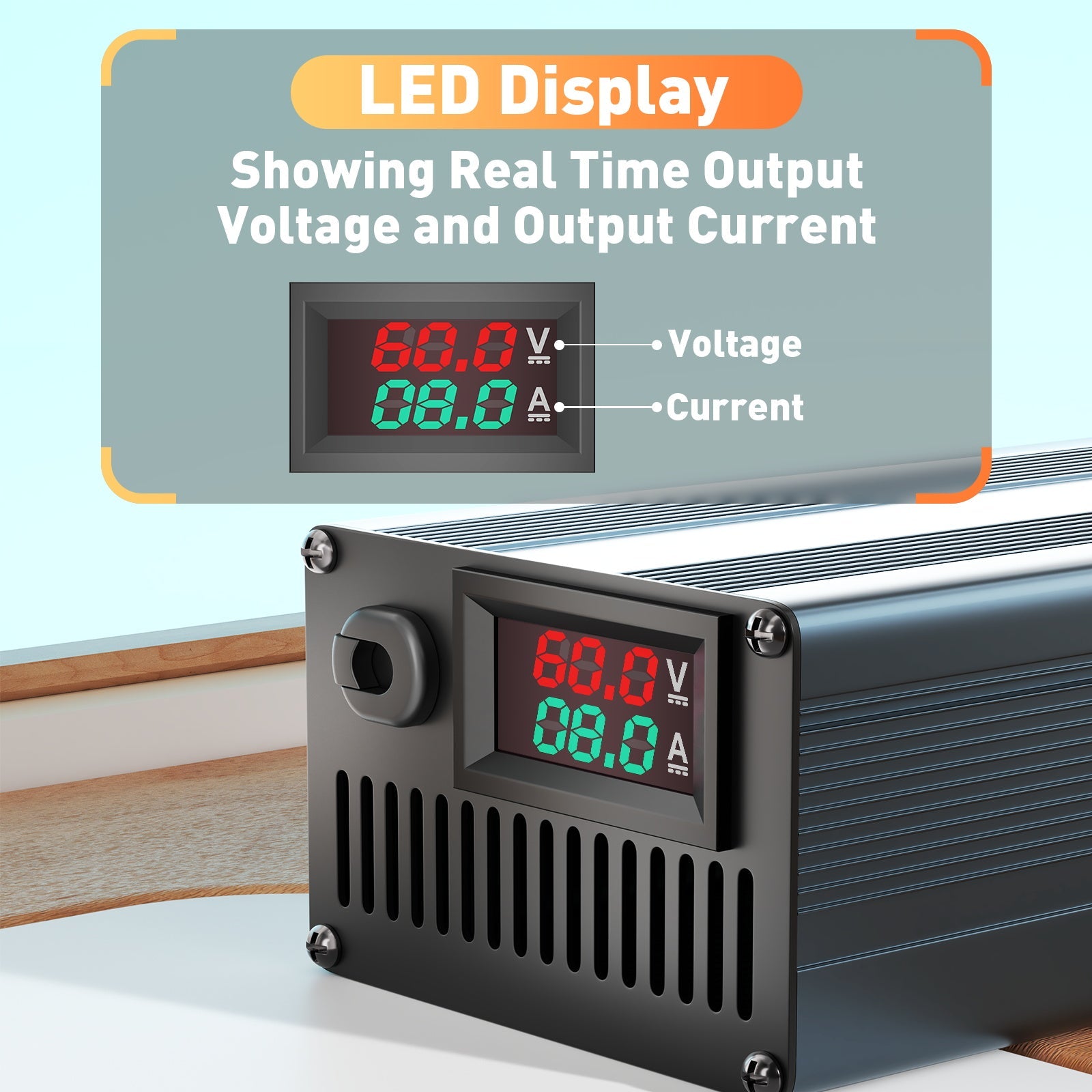 Suraziki 60V 1-8A current adjustable Battery Charger Works with All Lead-Acid Batteries (Flooded, Sealed, AGM, Gel)， LCD Display, Cooling Fans, Aluminum alloy housing
