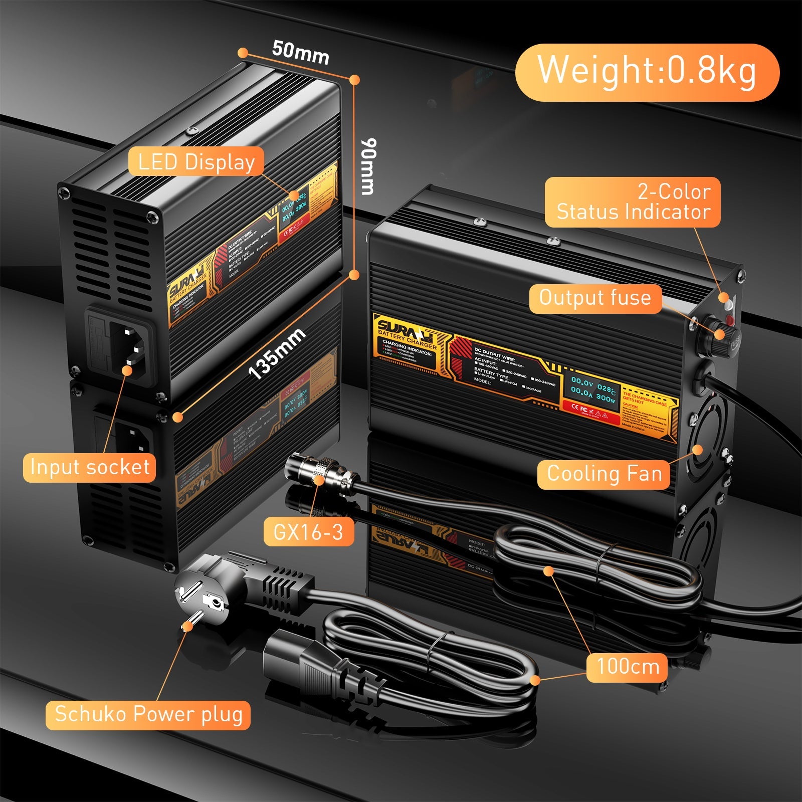 Suraziki LiFePO4 73 V 3 A Batterieladegerät für 60 V/64 V Lithium-Eisenphosphat-Batterien, LED-Anzeige, vollständiger Schutz