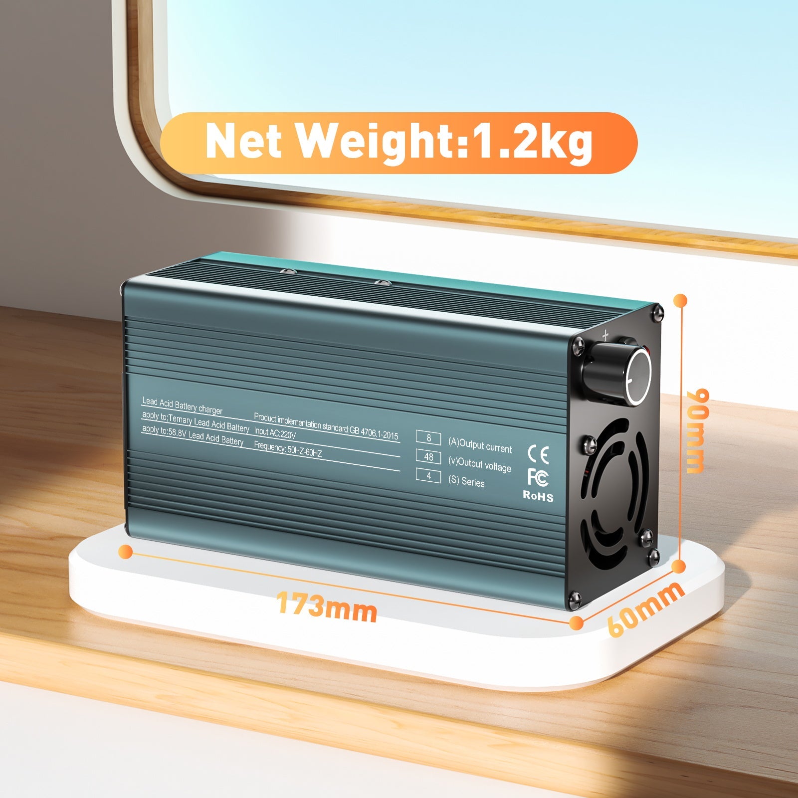 Suraziki 48V 1-8A strömjusterbar batteriladdare Fungerar med alla blybatterier (översvämmade, förseglade, AGM, gel) ， LCD-skärm, kylfläktar, hölje i aluminiumlegering