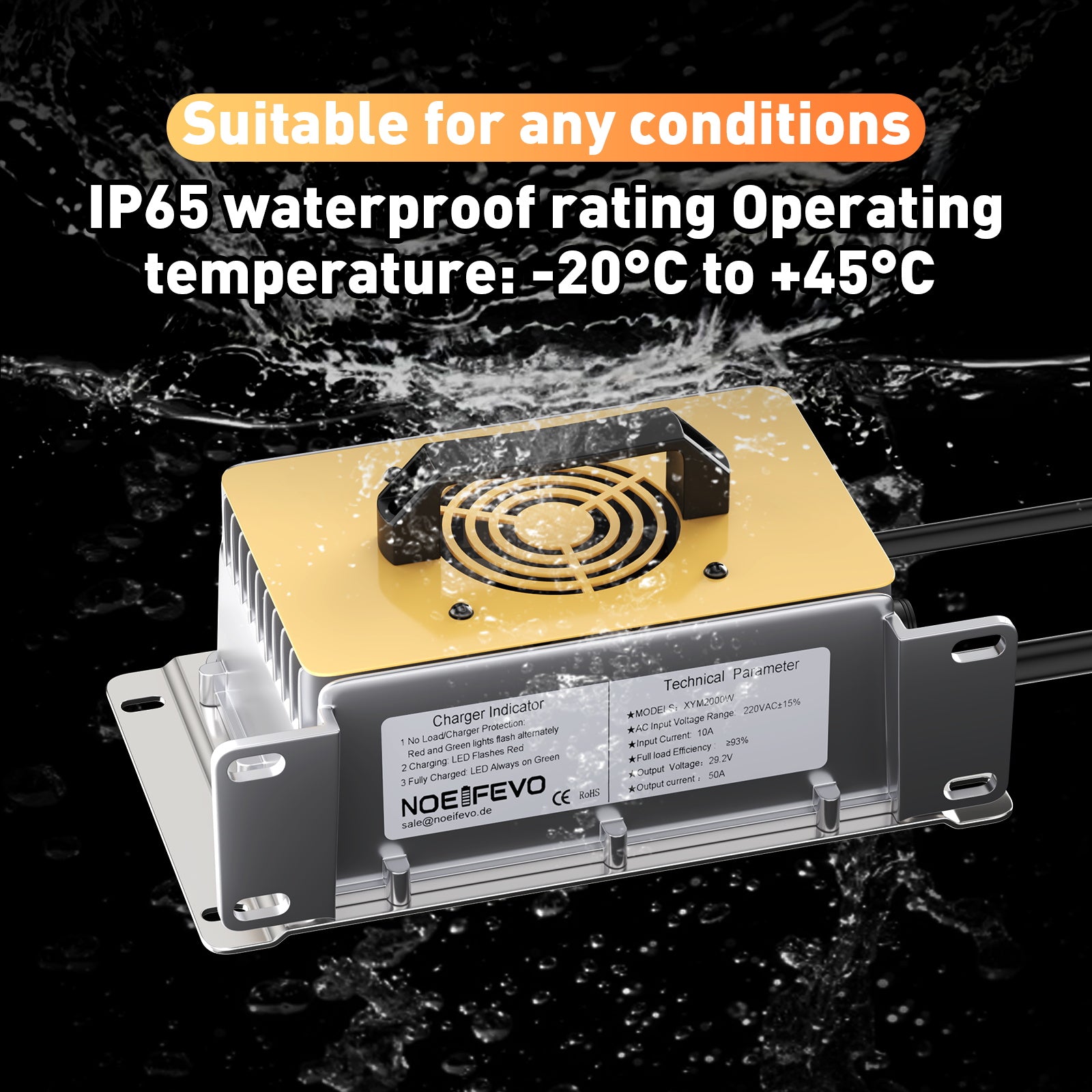 25.6V(24V) LiFePO4 Battery Charger, 29.2V 50A Waterproof Lithium Charger with 0V BMS Activation, Fast Charger for 100Ah RV, Boat, and Solar Batteries