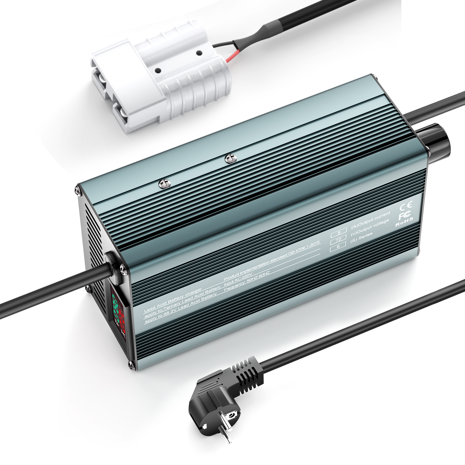 Suraziki 72V 1-8A current adjustable Battery Charger Works with All Lead-Acid Batteries (Flooded, Sealed, AGM, Gel)， LCD Display, Cooling Fans, Aluminum alloy housing