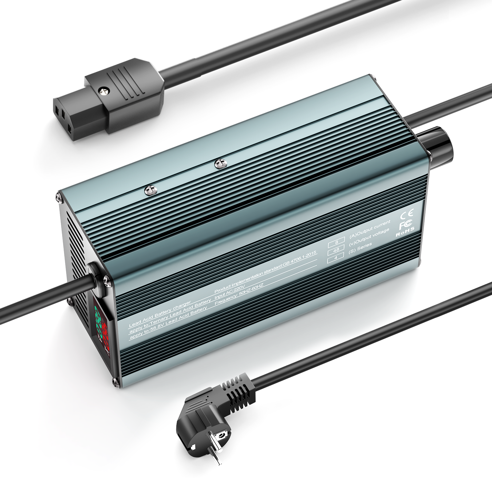 Suraziki 48V 1-8A strömjusterbar batteriladdare Fungerar med alla blybatterier (översvämmade, förseglade, AGM, gel) ， LCD-skärm, kylfläktar, hölje i aluminiumlegering