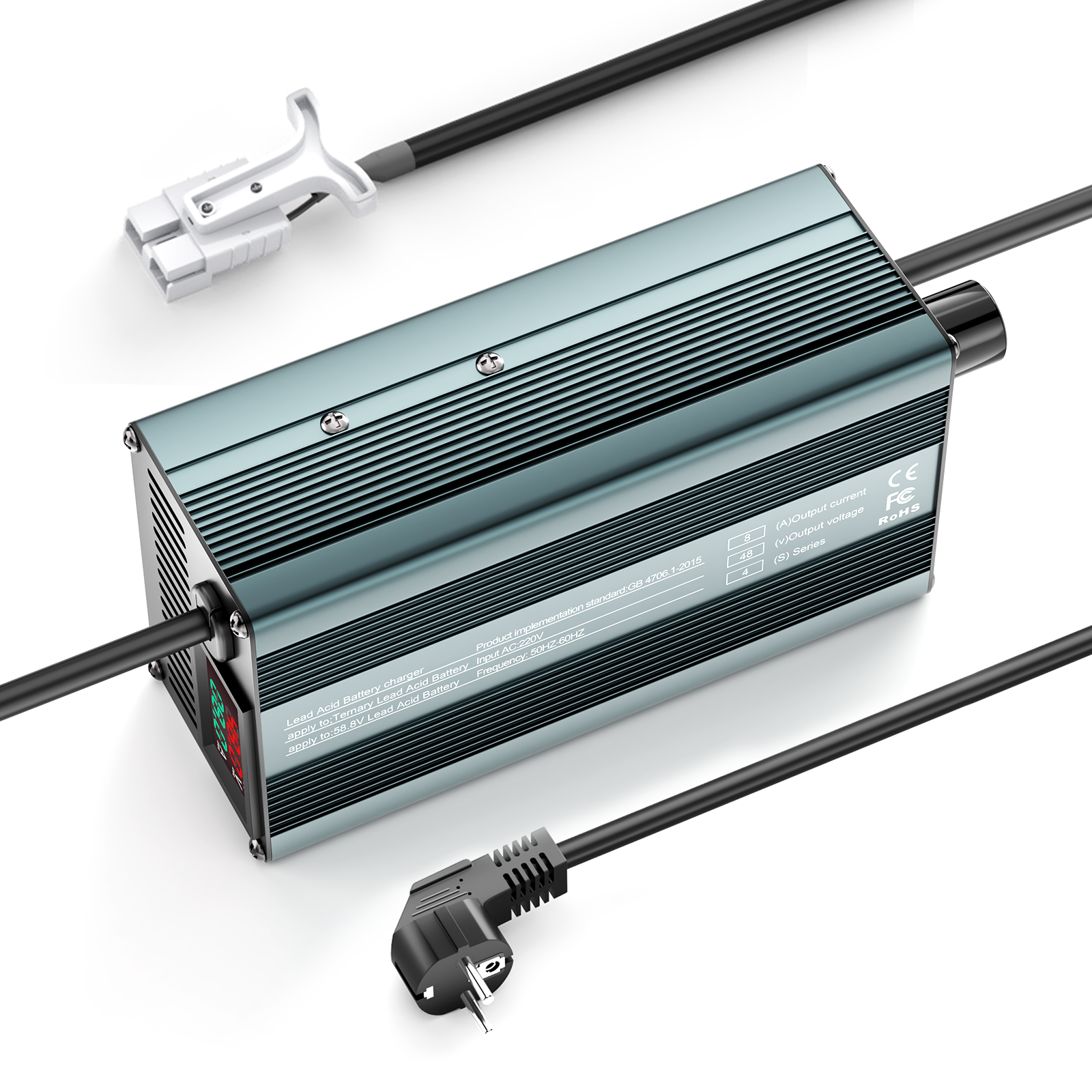 Suraziki 48V 1-8A strömjusterbar batteriladdare Fungerar med alla blybatterier (översvämmade, förseglade, AGM, gel) ， LCD-skärm, kylfläktar, hölje i aluminiumlegering