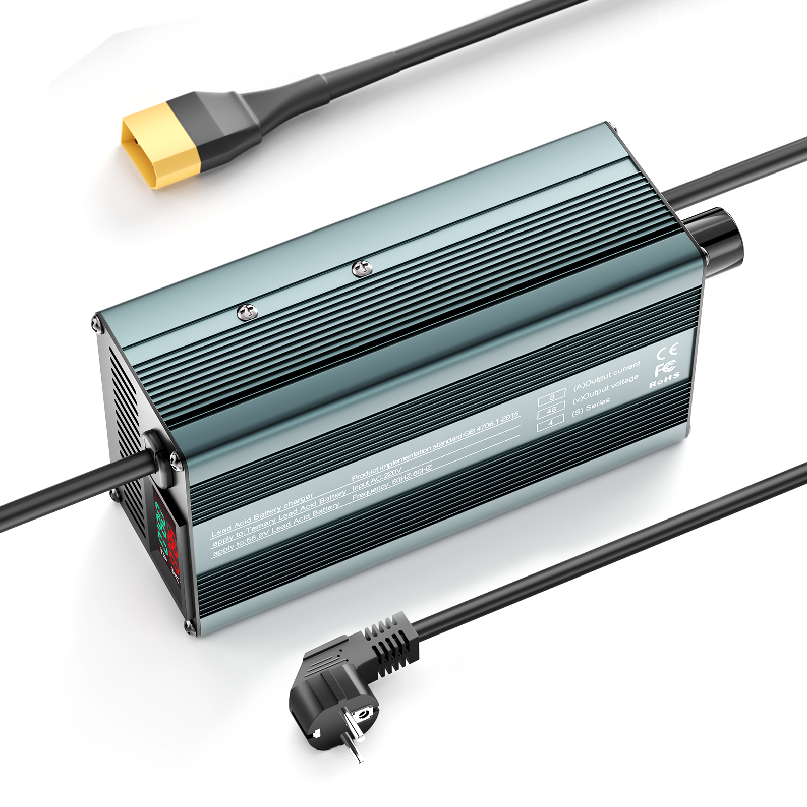 Suraziki 48V 1-8A strömjusterbar batteriladdare Fungerar med alla blybatterier (översvämmade, förseglade, AGM, gel) ， LCD-skärm, kylfläktar, hölje i aluminiumlegering