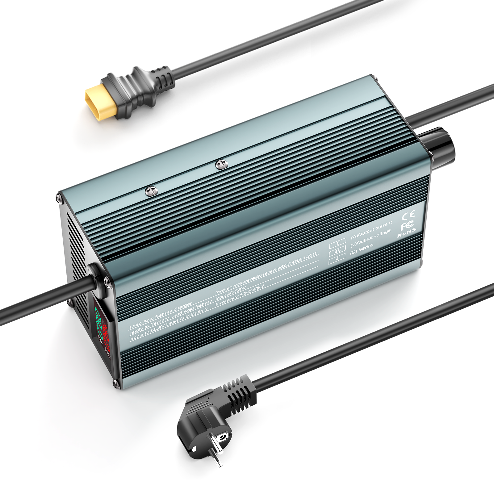 Suraziki 48V 1-8A strömjusterbar batteriladdare Fungerar med alla blybatterier (översvämmade, förseglade, AGM, gel) ， LCD-skärm, kylfläktar, hölje i aluminiumlegering