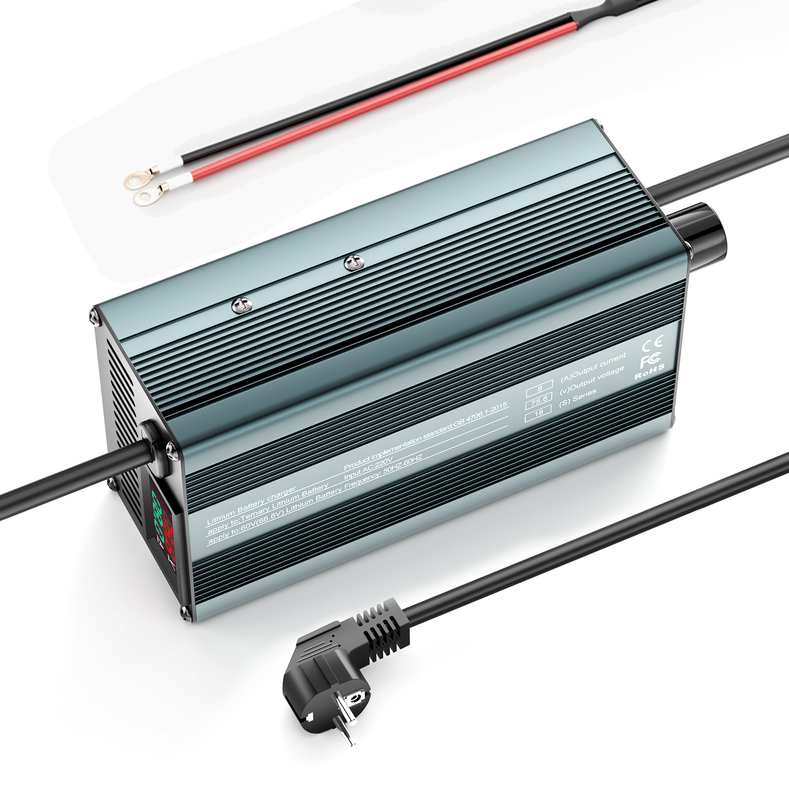 Suraziki 75,6 V 1-8 A stromverstellbares Lithium-Batterieladegerät für 18S 66,6 V Li-Ionen-/ternäre Lithium-/Polymer-Batterie, Ebike-Roller-Elektromotorrad-Batterieladegerät