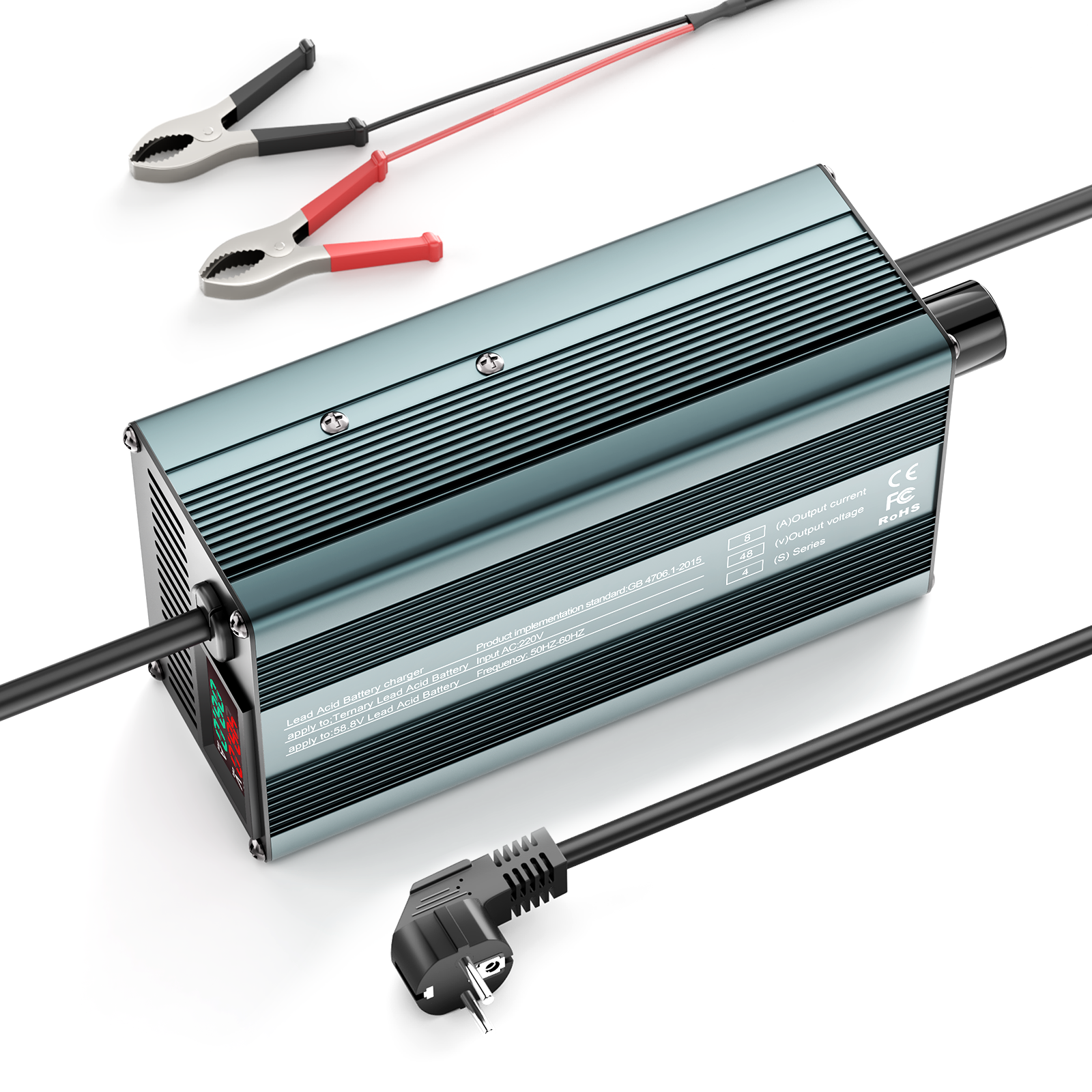 Suraziki 48V 1-8A strömjusterbar batteriladdare Fungerar med alla blybatterier (översvämmade, förseglade, AGM, gel) ， LCD-skärm, kylfläktar, hölje i aluminiumlegering