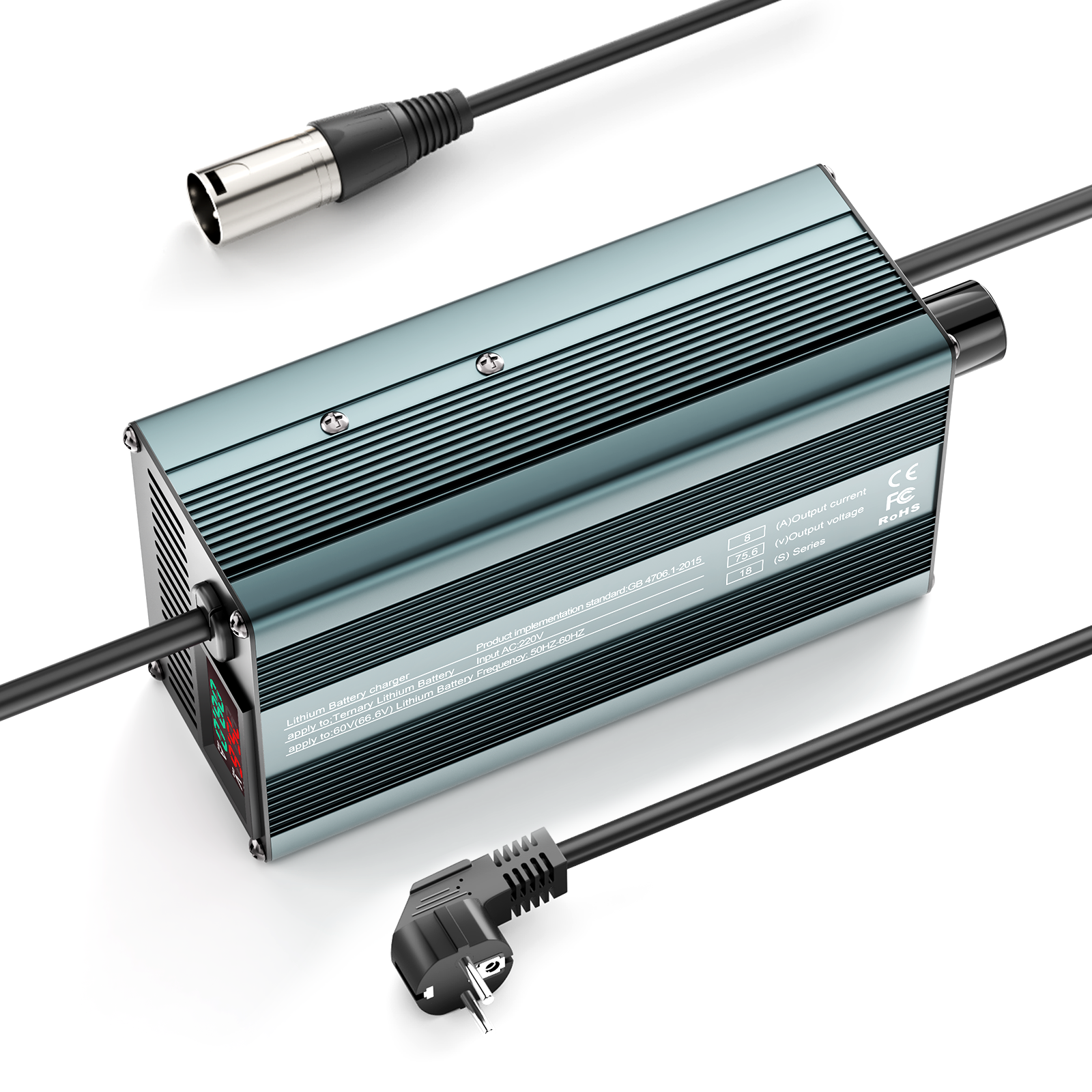 Suraziki 75,6 V 1-8 A stromverstellbares Lithium-Batterieladegerät für 18S 66,6 V Li-Ionen-/ternäre Lithium-/Polymer-Batterie, Ebike-Roller-Elektromotorrad-Batterieladegerät