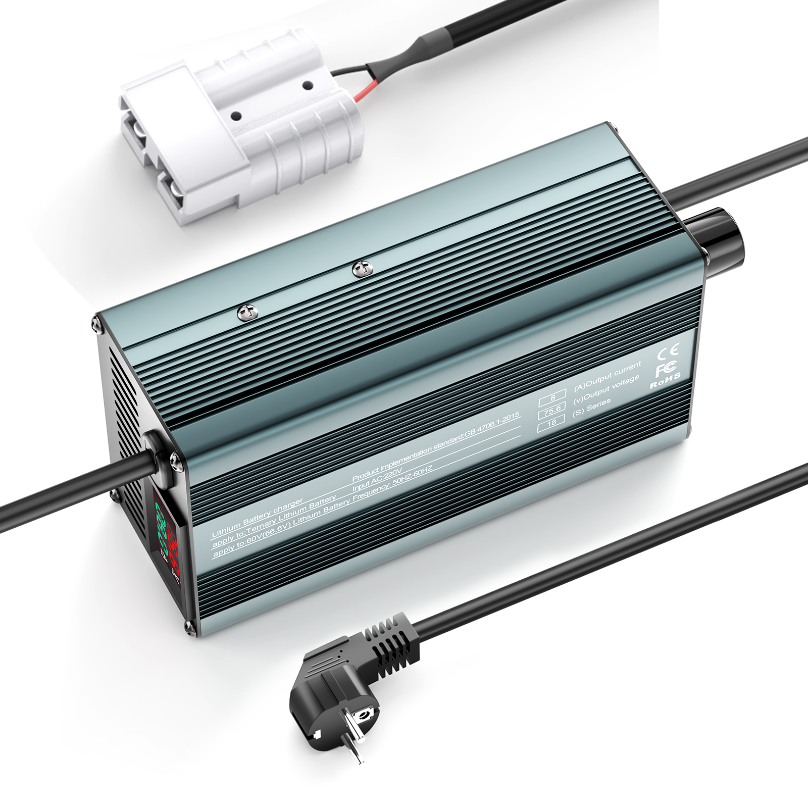 Suraziki 75,6 V 1-8 A stromverstellbares Lithium-Batterieladegerät für 18S 66,6 V Li-Ionen-/ternäre Lithium-/Polymer-Batterie, Ebike-Roller-Elektromotorrad-Batterieladegerät