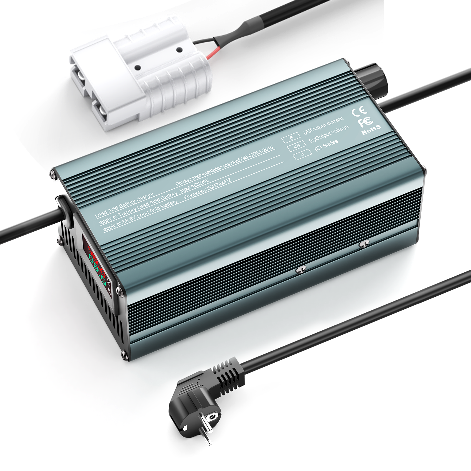Suraziki 48V 1-8A strömjusterbar batteriladdare Fungerar med alla blybatterier (översvämmade, förseglade, AGM, gel) ， LCD-skärm, kylfläktar, hölje i aluminiumlegering