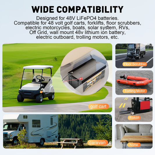 Suraziki 48V 25A litium Lifepo4 batteriladdare, 58.4V laddningsspänning för 48V (51.2V) 16S Batteri, vattentätt, 0V BMS-aktivering, med låskabel för elfordon, elcyklar och golfbilar