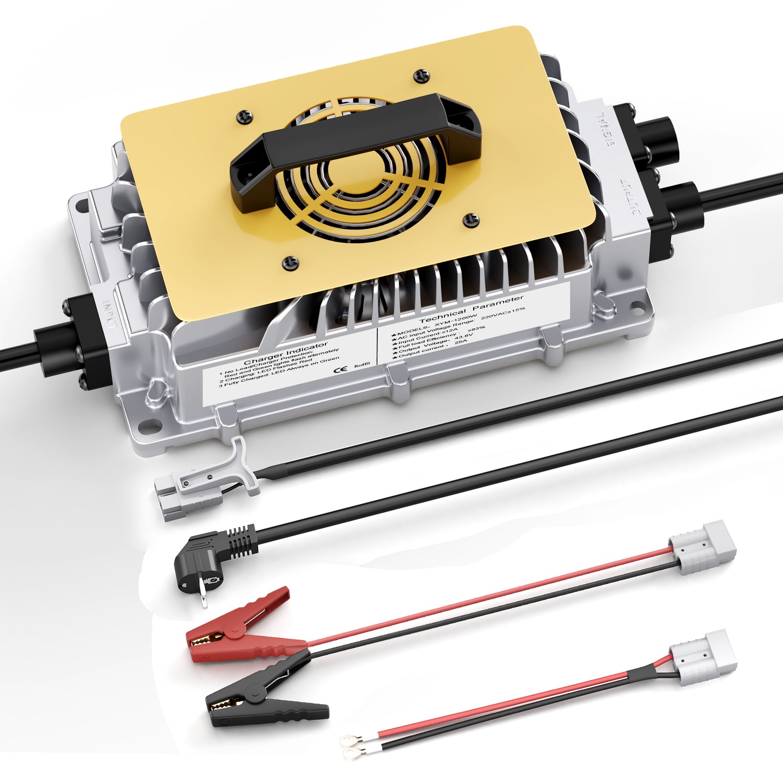 Suraziki 43.8V 25A laddare för 36V 38.4V LiFePO4-batterier – 0V BMS-aktivering, automatisk avstängning, vattentätt aluminiumhölje, kylfläkt