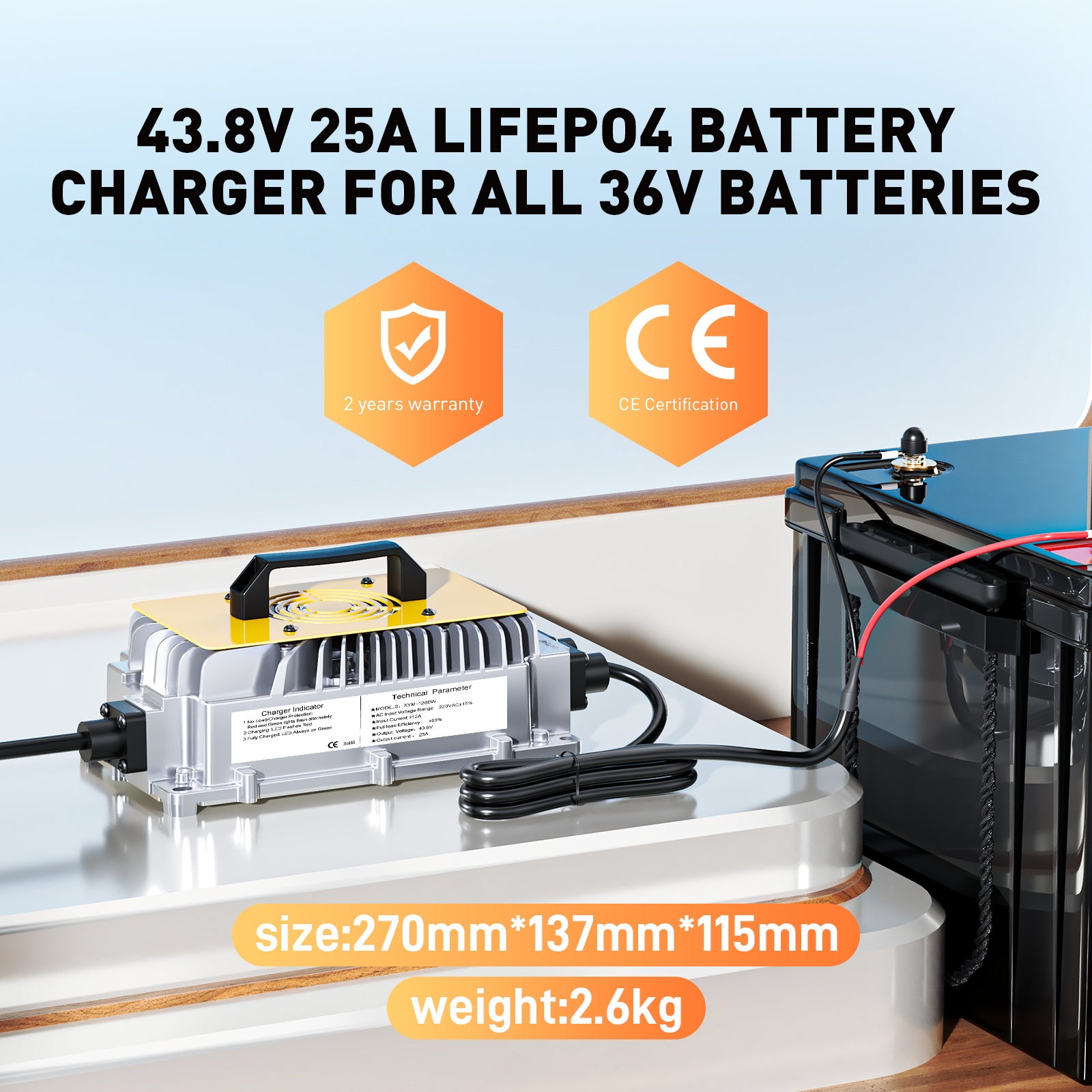 Suraziki 43.8V 25A laddare för 36V 38.4V LiFePO4-batterier – 0V BMS-aktivering, automatisk avstängning, vattentätt aluminiumhölje, kylfläkt