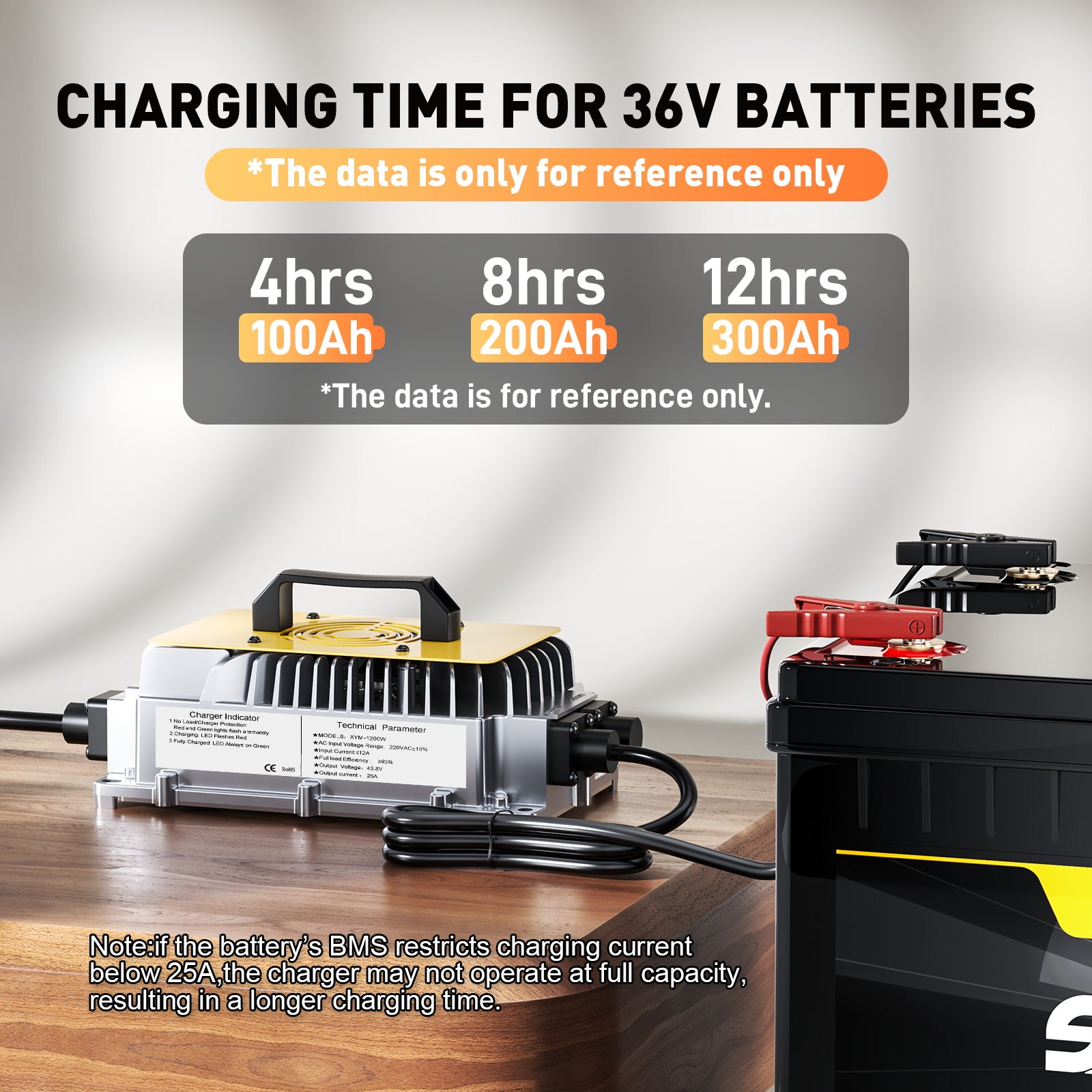 Suraziki 43.8V 25A laddare för 36V 38.4V LiFePO4-batterier – 0V BMS-aktivering, automatisk avstängning, vattentätt aluminiumhölje, kylfläkt