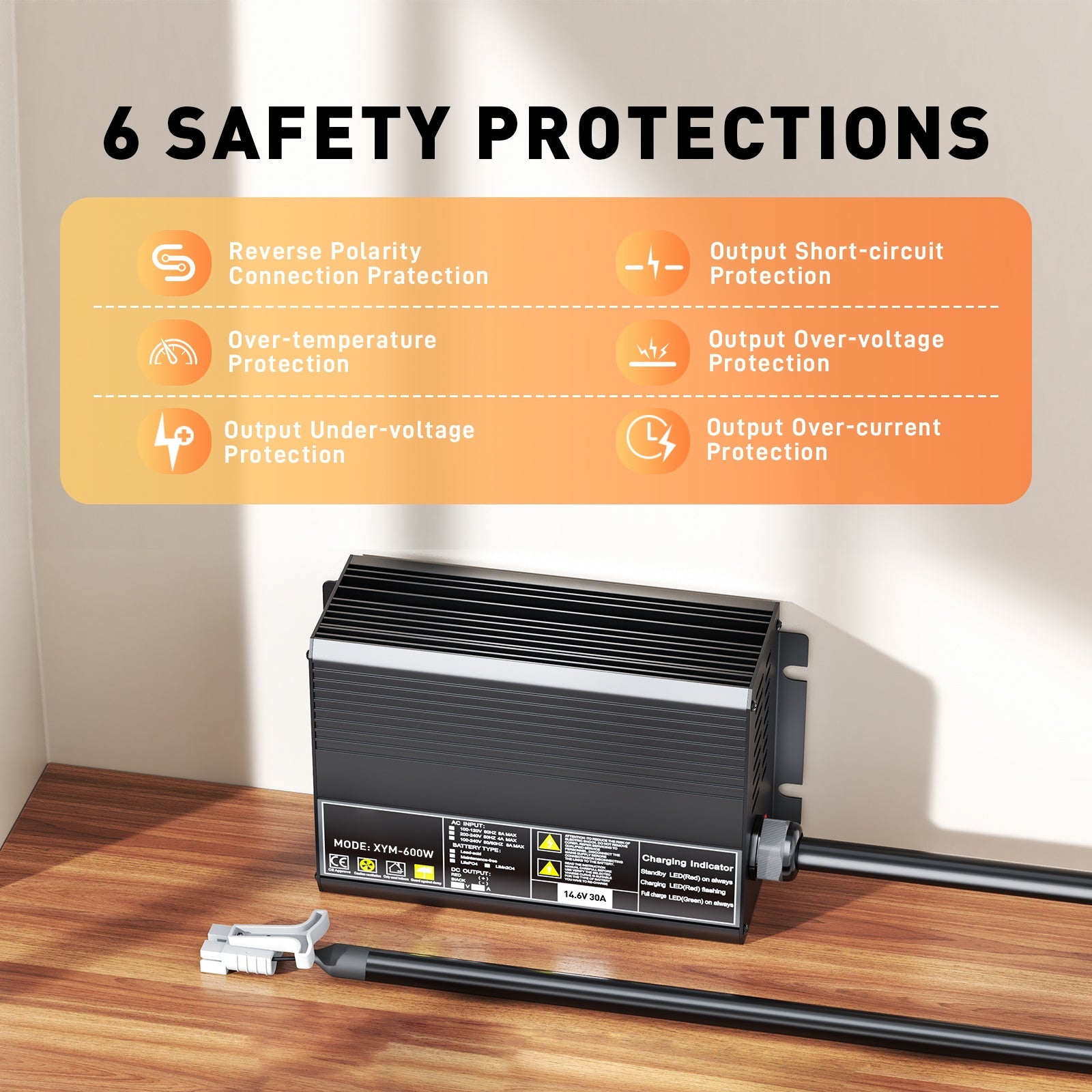 12V 30A LiFePO4 batteriladdare, laddningsspänning 14.6V, 0V BMS aktiveras, automatisk avstängning, med Anderson 50A snabbladdningskontakt
